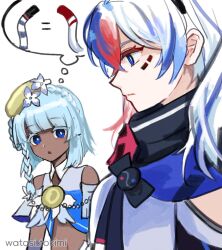  2girls artist_name asymmetrical_sidelocks bare_shoulders black_tail blue_dress blue_eyes blue_hair blue_jacket blue_streaks blue_tank_top blunt_bangs blunt_sidelocks braid breasts bright_pupils collar colored_eyelashes commentary crossed_bangs detached_collar double-parted_bangs dress expressionless facial_mark flower from_side girl_staring_at_guy's_chest_(meme) guy's hair_between_eyes hat hat_flower highres jacket kokkimusume long_hair looking_at_another looking_down medium_breasts medium_hair meme midriff multicolored_hair multiple_girls navel palau_(ppfjvdjudk54073) red_hair red_streaks red_tail side_braid side_part sidelocks sideways_glance simple_background small_breasts south_korea_(ppfjvdjudk54073) speech_bubble staring streaked_hair striped_tail tail tank_top thinking thought_bubble tiger_tail twintails two-tone_tank_top untranslatable_commentary watasi_tokimi white_background white_collar white_jacket white_pupils white_tail white_tank_top yellow_hat 