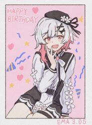  1girl :d absurdres belt beret black_choker black_coat black_hat border center_frills character_name chinese_commentary choker coat collared_coat commentary_request cowboy_shot dated fang flower flower-trimmed_shorts flower-trimmed_sleeves frills gradient_hair hair_flower hair_ornament happy_birthday hat hat_flower hat_ribbon heart highres long_sleeves looking_at_viewer mahou_shoujo_no_majo_saiban multicolored_hair neck_ribbon open_mouth pants pink_background pink_eyes pink_hair ribbon sakuraba_ema shirt short_hair shorts skin_fang sleeveless sleeveless_coat smile solo superbigneet thigh_strap white_border white_flower white_hair white_pants white_ribbon white_shirt white_shorts white_sleeves x_hair_ornament 