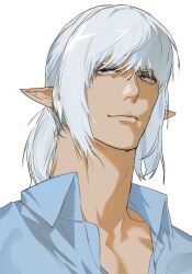  1boy absurdres blue_shirt closed_mouth elezen elf estinien_varlineau final_fantasy final_fantasy_xiv ftaewanf highres long_hair looking_at_viewer male_focus pointy_ears shirt sidelocks smile solo upper_body violet_eyes white_background white_hair 