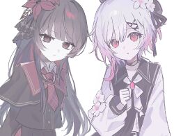  2girls armband belt beret black_capelet black_choker black_coat black_hair black_hat black_shirt black_skirt capelet center_frills choker closed_mouth coat collared_coat collared_shirt commentary flower flower-trimmed_sleeves frills gloves gradient_hair hair_flower hair_ornament hat hat_flower hat_ribbon highres jm5s6 layered_skirt long_hair long_skirt long_sleeves looking_at_viewer mahou_shoujo_no_majo_saiban multicolored_hair multiple_girls neck_ribbon necktie nikaido_hiro overskirt pink_eyes pink_hair plaid_clothes plaid_necktie plaid_skirt pleated_skirt puffy_sleeves red_armband red_eyes red_flower red_necktie red_skirt ribbon sakuraba_ema shirt short_hair side_capelet simple_background skirt sleeveless sleeveless_coat untranslatable_commentary upper_body white_background white_flower white_gloves white_hair white_ribbon white_shirt white_sleeves x_hair_ornament 