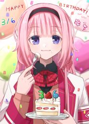  1girl black_hairband blue_eyes blunt_bangs blurry blurry_background bow bowtie brown_sweater cake cake_slice closed_mouth commentary_request confetti dated food fork hairband happy_birthday heart highres holding holding_fork jacket long_hair long_sleeves looking_at_viewer nijisanji open_clothes open_jacket pink_hair plaid_bow plaid_bowtie plaid_clothes red_bow red_bowtie shinjou_(rinao2) smile solo suo_sango sweater upper_body virtual_youtuber white_jacket 