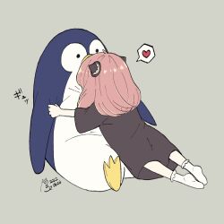  1girl anya_(spy_x_family) bird highres hug oyasumisuya penguin pink_hair socks spy_x_family stuffed_animal stuffed_toy white_socks 
