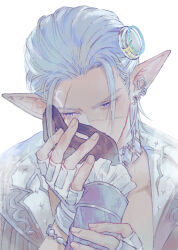  bracelet choker dark-skinned_male dark_skin earrings elezen elf facial_mark final_fantasy final_fantasy_xiv gloves grey_hair hair_ornament hair_slicked_back hand_on_another's_hand hand_on_another's_mouth highres jewelry madaizi pointy_ears scar the_president_(ff14) the_tyrant_(ff14) violet_eyes white_background 