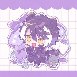  1boy animal_ears black_coat black_gloves black_hair black_pants black_vest book bukatachi_(kageyama_shien) buttons cat chibi chibi_only claw_pose coat commentary double-breasted fangs flower full_body fur-trimmed_coat fur_trim gloves grey_cat grid_background highres holostars jackal_boy jackal_ears jackal_tail kageyama_shien kageyama_shien_(1st_costume) male_focus multicolored_hair necktie nekoyama_shien open_book open_mouth outline pants purple_flower purple_rose purple_theme ribbon rose short_hair star_(symbol) streaked_hair tail untranslatable_commentary vest virtual_youtuber white_flower white_hair white_necktie white_outline white_rose white_streaks yellow_eyes yysta 
