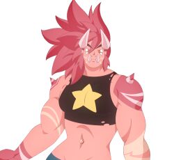 1other closed_mouth clovenfawn colored_skin commentary crop_top design_speculation english_commentary extra_eyes fluffy_hair fusion gem highres horns jasper_(steven_universe) looking_at_viewer lowleg muscular nose_jewel orange_eyes pink_eyes pink_hair pink_skin pointy_ears shirt sidelocks solo spikes steven_quartz_universe steven_universe steven_universe_future striped_skin torn_clothes torn_shirt tusks white_background 