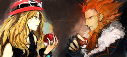  1boy 1girl ascot beard black_coat black_dress blonde_hair blue_eyes brown_background chieda_(mmnmymns2up) chinstrap_beard coat dress facial_hair facing_another fingerless_gloves fur-trimmed_coat fur_trim gloves hair_slicked_back hat holding holding_poke_ball long_sideburns looking_at_another lysandre_(pokemon) mature_male poke_ball poke_ball_(basic) pokemon pokemon_x_and_y red_ascot red_hair red_hat serena_(pokemon) sideburns trilby upper_body wavy_hair 