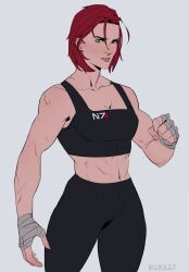  1girl absurdres androgynous artist_name bandaged_hand bandages black_pants black_sports_bra commander_shepard commander_shepard_(female) commentary english_commentary flat_chest green_eyes grey_background highres m0rket mass_effect_(series) pants red_hair short_hair simple_background solo sports_bra workout_clothes 