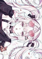  1girl bare_shoulders black_choker braid choker commentary_request double-parted_bangs eyewear_on_head facial_mark hair_ornament hair_ribbon heart heart_facial_mark highres honkai:_star_rail honkai_(series) hoooooon1099 jewelry long_hair looking_at_viewer necklace notice_lines official_alternate_costume official_alternate_hairstyle open_mouth pink_eyes portrait red_nails ribbon sideways simple_background sleeves_past_wrists solo sparkle_(honkai:_star_rail) sparxie_(candy-coated_waves)_(honkai:_star_rail) sparxie_(honkai:_star_rail) stuffed_animal stuffed_toy sunglasses teddy_bear twintails two_side_up w white_background white_hair x_hair_ornament 