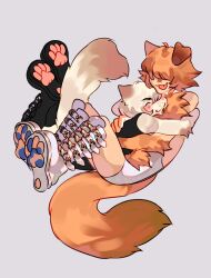  2boys :3 :p animal_ears bell black_boots blonde_hair blush bob_cut body_fur boots cat_boy cat_ears cat_tail closed_eyes closed_mouth commentary english_commentary folded_ear full_body grey_background hair_over_eyes highres hug knee_boots male_focus molokomyau multiple_boys open_mouth orange_fur orange_hair orange_tail original pawpads short_hair simple_background smile tail tongue tongue_out yellow_fur 