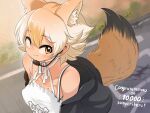  1girl bare_shoulders black_jacket blonde_hair blush choker commentary_request coyote_(kemono_friends) coyote_ears coyote_girl coyote_tail extra_ears highres jacket kemono_friends kemono_friends_v_project long_sleeves mcgunngu microphone multicolored_hair open_clothes open_jacket shirt short_hair smile solo spaghetti_strap white_choker white_hair white_shirt yellow_eyes 