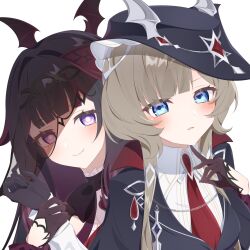  2girls alternate_universe ascot bat_wings behind_another black_gloves black_hair black_hat black_wings blue_eyes blush bow bowtie brown_hair closed_mouth columbina_(genshin_impact) columbina_(marechaussee_hunter)_(genshin_impact) commentary_request fang gear-shaped_pupils gem genshin_impact gloves grabbing_from_behind hair_tubes halation_pupils hand_on_another's_chin hat head_wings highres holding_another's_wrist kokoaji_(koko_aj1) long_hair multicolored_hair multiple_girls official_alternate_costume parted_lips purple_bow purple_bowtie purple_hair purple_streaks red_ascot red_gem sandrone_(genshin_impact) sandrone_(marechaussee_hunter)_(genshin_impact) short_hair_with_long_locks simple_background smile streaked_hair two-tone_hair unusually_open_eyes upper_body vampire violet_eyes white_background wings wrist_bow yuri 