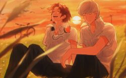  2boys arm_on_knee bicycle bird black_pants brown_hair closed_eyes closed_mouth commentary_request dress_shirt floating_hair grass grey_hair hanamura_yousuke happy headphones headphones_around_neck highres knees_up male_focus multiple_boys narukami_yu on_floor open_mouth orange_sky pants persona persona_4 sakanaya0108 school_uniform shirt short_hair sitting sky smile sunset teeth white_shirt yasogami_school_uniform 