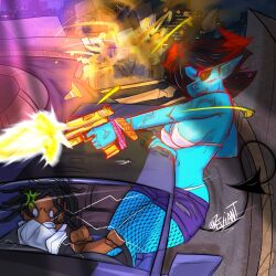  aiming battle blue_skin car casing_ejection colored_skin demon_girl deviantnsfw driving explosion firing fishnets gun handgun holding holding_gun holding_weapon horns motor_vehicle muzzle_flash oni original panty_straps shell_casing shorts veins veiny_arms weapon 