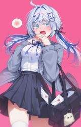  1girl absurdres aokumo_rin bag black_skirt blue_eyes blue_hair blue_ribbon commentary grey_hair grey_jacket hair_ornament hair_ribbon heart heart_hair_ornament highres jacket long_hair long_sleeves love_letter low_twintails multicolored_hair neck_ribbon open_clothes open_jacket open_mouth pink_background ribbon school_bag shirt shirt_tucked_in simple_background skirt solcha solo spoken_blush standing stellive streaked_hair thigh-highs twintails untranslatable_commentary very_long_hair virtual_youtuber white_shirt white_thighhighs 