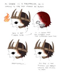  1boy :< black_eyes blood blood_on_face body_fur brown_collar closed_mouth collar commentary constricted_pupils crown demon ember_(jejejunum) english_commentary english_text fire grin headgear highres injury jejejunum metal_collar monster_boy multicolored_hair multiple_views no_nose one_eye_closed original simple_background smile solo split-color_hair split-color_head teeth white_background white_fur 