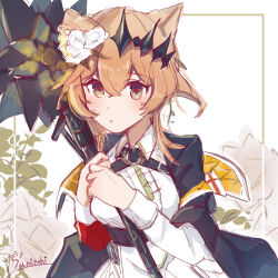  1girl animal_ears arknights artist_name asymmetrical_sleeves black_jacket black_tiara blush border breasts brown_border brown_eyes cat_ears cat_girl chest_belt commentary_request cross-shaped_pupils cross_tie crossed_bangs dress flower hair_flower hair_ornament hair_vines highres holding holding_staff jacket medium_breasts medium_hair mismatched_sleeves one-hour_drawing_challenge orange_jacket outside_border parted_lips plant red_pupils red_sleeves rose solo staff symbol-shaped_pupils tiara two-sided_fabric two-sided_jacket underbust vendela_(arknights) white_background white_dress white_flower white_rose yatori_suminohi 