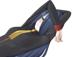  1girl aqua_eyes arms_on_head black_dress blue_hair blush breasts cassandra_ilion closed_mouth collared_dress commentary danmachi_battle_chronicle dress dungeon_ni_deai_wo_motomeru_no_wa_machigatteiru_darou_ka easy_(aqk7bdqt) hair_over_one_eye large_breasts long_hair long_sleeves looking_at_viewer lying necktie on_back solo straight_hair white_background yellow_necktie 