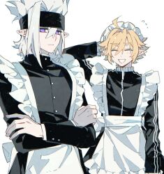  2boys absurdres ahoge aotu_world apron arm_behind_head black_dress black_headband black_jacket black_skirt blonde_hair chromatic_aberration closed_eyes closed_mouth commentary crossdressing crossdressing_(mtf) crossed_arms crossed_bangs dress enmaided expressionless flying_sweatdrops frilled_apron frills grey_(aotu_world) hair_between_eyes headband highres jacket king_(aotu_world) light_particles long_sleeves maid maid_headdress male_focus male_maid multiple_boys pointy_ears qingyao_u3u simple_background skirt smile spiky_hair untranslatable_commentary violet_eyes white_apron white_background white_hair zipper_pull_tab 