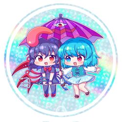  2girls asymmetrical_wings black_dress black_hair black_thighhighs blue_eyes blue_hair blue_skirt blue_vest blue_wings blush border bow bowtie chibi chibi_only commentary dress full_body geta heterochromia highres holding holding_polearm holding_umbrella holding_weapon houjuu_nue kaoling karakasa_obake long_sleeves medium_hair multiple_girls open_mouth polearm purple_umbrella rainbow_background red_bow red_bowtie red_eyes red_shoes red_wings round_border shared_umbrella shirt shoes short_sleeves skirt smile snake tatara_kogasa thigh-highs touhou trident umbrella vest weapon white_shirt wings 