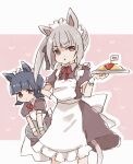  2girls alternate_costume animal_ears apron arare_(kancolle) black_dress black_hair brown_eyes cat_ears cat_tail closed_mouth dress enmaided food grey_hair holding holding_tray kantai_collection kasumi_(kancolle) long_hair maid maid_apron maid_headdress miko_(35nikomi) multiple_girls omurice parted_lips short_hair short_sleeves side_ponytail tail tray white_apron wrist_cuffs 