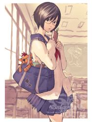  1girl 5tatsu alternate_universe ascot bag barret_wallace black_hair chalkboard character_doll classroom commentary_request contemporary doll final_fantasy final_fantasy_vii glasses highres pleated_skirt red_ascot red_xiii sailor_collar school_bag school_uniform short_hair skirt solo window yuffie_kisaragi 