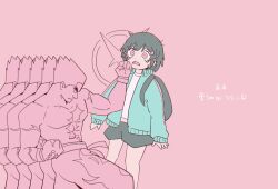  1boy 1girl backpack bag blue_jacket commentary_request cowboy_shot crossover fingerless_gloves gloves grey_bag grey_hair grey_shorts highres jacket kurari-chan_(iyowa) kyu-kurarin_(cevio) long_sleeves mishima_kazuya open_mouth pink_background pink_eyes short_hair shorts simple_background sn_(zigzagspark6) tekken translation_request uppercut 