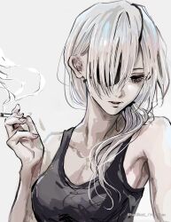  1girl artist_name black_eyes black_tank_top chainsaw_man cigarette eyepatch hanillust highres holding holding_cigarette long_hair looking_to_the_side ponytail quanxi_(chainsaw_man) simple_background smoking solo tank_top upper_body white_background white_hair 