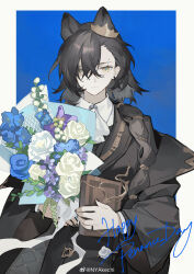  1girl absurdres akechi_(826988799) animal_ears arknights ascot black_hair black_jacket blue_background blue_flower blue_rose book border bouquet character_name chinese_commentary closed_mouth collared_shirt commentary_request expressionless flower hair_behind_ear hair_between_eyes hair_over_shoulder highres holding holding_book holding_bouquet jacket jewelry long_hair long_sleeves looking_at_viewer mole mole_above_eye off_shoulder outside_border penance_(arknights) purple_flower ring rose shirt solo upper_body watermark weibo_watermark white_ascot white_border white_flower white_rose white_shirt yellow_eyes 