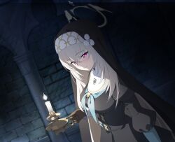  1girl absurdres aqua_neckerchief black_dress black_veil blue_archive blush breasts brown_gloves candle candlestand church closed_mouth crossed_bangs dark dress dutch_angle fire from_side game_asset gloves grey_hair hair_between_eyes hair_ornament halo highres holding holding_candlestand indoors juliet_sleeves large_breasts long_hair long_sleeves looking_at_viewer misom150 neckerchief non-web_source nun nun_headdress official_art pillar pink_eyes puffy_sleeves sakurako_(blue_archive) smile solo stone_wall trinity_general_school_logo upper_body veil very_long_hair yellow_halo 
