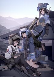  2026 3girls absurdres artist_name black_hair black_pantyhose black_socks closed_eyes commentary fingerless_gloves glasses gloves green_eyes grey_sky gun hat headphones highres holding holding_gun holding_pen holding_weapon kneeling knife long_sleeves magazine_(weapon) military multiple_girls nusisring_tactical on_roof outdoors pantyhose pen rifle shoes short_hair sitting skirt sky smile socks tactical_gloves vectorek weapon 