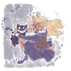  1girl animal_ears antlers black_eyes black_shoes black_skirt black_sweater cat cat_ears colored_sclera commentary deer_antlers deer_ears deer_tail deltarune english_commentary friend_(deltarune) furry furry_female highres horns long_hair noelle_holiday pink_sclera plaid_clothes shoes signature skirt socks sweater syaeris tail utdr_(toby_fox) white_socks yellow_sclera 