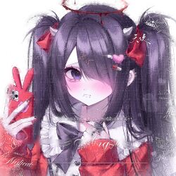  1girl aegyo_sal alternate_costume ame-chan_(needy_girl_overdose) black_bow black_bowtie black_hair black_nails blood blood_halo blush bow bowtie buttons cardigan cellphone chinese_commentary claw_ring closed_mouth collared_shirt commentary_request earrings face_piercing fingernails frilled_shirt_collar frills hair_bow hair_ornament hair_over_one_eye halo heart heart_button heart_hair_ornament highres holding holding_phone horns jewelry labret_piercing liquid_halo long_fingernails long_hair long_sleeves looking_at_viewer multicolored_nails needy_girl_overdose one_eye_covered phone piercing pill_hair_ornament qi_de_sanci_fang red_bow red_cardigan red_halo red_nails shirt simple_background sleeves_past_wrists smartphone solo stud_earrings too_many_watermarks two-tone_nails two_side_up variant_set violet_eyes watermark white_background white_horns white_shirt 