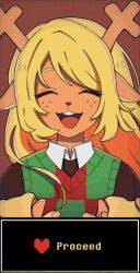  1girl animal_ears antlers blonde_hair checkered_clothes closed_eyes deer_antlers deer_ears deer_girl deltarune freckles furry furry_female highres holding_hands horns kris_(deltarune) long_hair noelle_holiday open_mouth shirt simple_background smile sweater_vest usagi_mochi_(nsi_0012) utdr_(toby_fox) weird_route_(deltarune) 