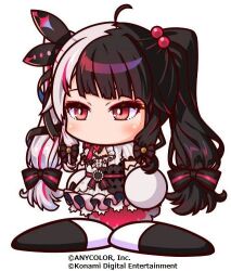  1girl ahoge artist_request black_bow black_dress black_hair black_shoes bow cleavage_cutout clothing_cutout commentary_request copyright_notice crossover dress frilled_dress frills gloves hair_bobbles hair_bow hair_ornament jikkyou_powerful_pro_yakyuu jikkyou_powerful_pro_yakyuu_(style) long_hair lowres multicolored_dress multicolored_hair multicolored_shoes nijisanji no_mouth official_art power_pro_appli rayman_limbs red_eyes red_hair shoes solo twintails two-tone_shoes virtual_youtuber white_background white_dress white_gloves white_hair white_shoes yorumi_rena yorumi_rena_(1st_costume) 