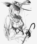  1girl a9712mob alternate_costume arknights bangs cane commentary dress earrings eyes_visible_through_hair flower gladiia_(arknights) greyscale hair_over_one_eye hat hat_flower highres jewelry monochrome one_eye_covered pointy_ears red_eyes simple_background sketch solo spot_color unfinished upper_body white_background 