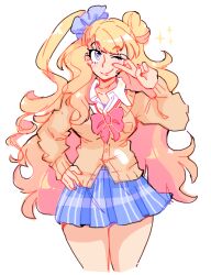  1girl asymmetrical_hair blonde_hair blue_eyes blue_skirt bow breasts closed_mouth collared_shirt commentary cropped_legs english_commentary evilstep eyelashes fingernails galko hair_bun hand_on_own_hip jacket long_hair long_sleeves nail_polish one_eye_closed one_side_up oshiete!_galko-chan pink_bow pink_nails shirt simple_background single_side_bun skirt smile solo sparkle third-party_source v very_long_hair white_background white_shirt yellow_jacket 