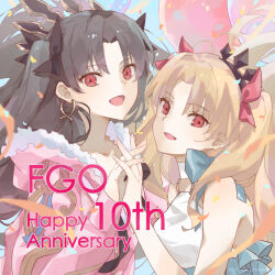 2girls anniversary aopix_001 black_hair blonde_hair bow commentary_request earrings ereshkigal_(fate) ereshkigal_(swimsuit_beast)_(fate) fate/grand_order fate_(series) fur-trimmed_jacket fur_trim hair_bow hairband highres hoop_earrings ishtar_(fate) ishtar_(swimsuit_rider)_(fate) jacket jewelry long_hair long_sleeves looking_at_viewer multiple_girls open_mouth red_eyes smile two_side_up upper_body 