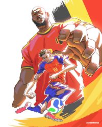  2026_fifa_world_cup 2boys artist_name artsbynonso bald ball beard belgian_flag belgian_national_soccer_team_uniform black_hair commentary dark-skinned_male dark_skin facial_hair full_body highres lamine_yamal male_focus multiple_boys real_life romelu_lukaku short_hair soccer_ball soccer_uniform spanish_flag spanish_national_soccer_team_uniform sportswear untranslatable_commentary world_cup 