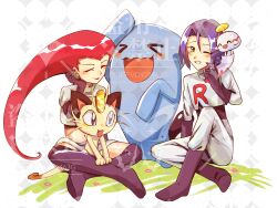  blush chimecho chinese_commentary commentary_request crop_top earrings elbow_gloves gloves grass hair_slicked_back happy highres james_(pokemon) jessie_(pokemon) jewelry lipstick looking_at_viewer makeup meowth neng_tianshi_furen one_eye_closed open_mouth pokemon pokemon_(anime) pokemon_(classic_anime) pokemon_(creature) single_letter sitting skirt sphere_earrings team_rocket team_rocket_uniform white_skirt wobbuffet 