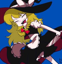  1girl apron black_hat black_skirt black_vest blonde_hair blue_background blush bow braid closed_eyes commentary_request cookie_(touhou) cowboy_shot fj_(fuji) frilled_apron frills hair_bow hat hat_bow highres holding holding_knife kirisame_marisa knife long_hair open_mouth puffy_short_sleeves puffy_sleeves red_bow shirt short_sleeves side_braid simple_background single_braid skirt skirt_set smile solo suzu_(cookie) touhou vest waist_apron white_apron white_bow white_shirt witch_hat 