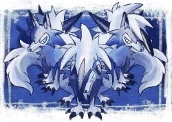  7_phi_3 alternate_color blue_theme claws english_commentary looking_at_viewer lycanroc lycanroc_(dusk) lycanroc_(midday) lycanroc_(midnight) no_humans pokemon pokemon_(creature) pokemon_focus shiny_pokemon sitting slit_pupils spikes 