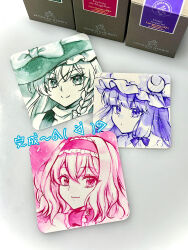  3girls alice_margatroid alto2019 art_tools_in_frame artist_name bow braid capelet closed_mouth commentary_request crescent crescent_hat_ornament dress frilled_hairband frills hair_bow hairband hat hat_bow hat_ornament highres kirisame_marisa long_hair mob_cap monochrome multiple_girls patchouli_knowledge photo_(medium) portrait side_braid single_braid smile touhou traditional_media vest witch_hat 