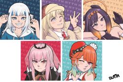  5girls absurdres artist_name bare_shoulders black_bow black_gloves black_tiara blonde_hair blue_eyes blue_hair blue_streaks blush bow brown_hat brown_jacket chef_hat claw_pose closed_mouth collared_shirt commentary diamond-shaped_pupils diamond_(shape) earrings english_commentary eyelashes feather_earrings feathers gawr_gura gawr_gura_(1st_costume) gloves gradient_hair grin hair_ornament halo hat hat_bow headpiece highres hololive hololive_english holomyth hood hood_down jacket jewelry lips long_hair long_sleeves mini_chef_hat mini_hat mori_calliope mori_calliope_(1st_costume) multicolored_hair multiple_girls multiple_hats necktie ninomae_ina'nis ninomae_ina'nis_(1st_costume) one_eye_closed open_clothes open_jacket orange_hair pink_eyes pink_hair portrait purple_hair red_hat red_necktie see-through_clothes see-through_veil shirt short_hair sidelocks smile spikes star_(symbol) star_print streaked_hair symbol-shaped_pupils takanashi_kiara takanashi_kiara_(1st_costume) teeth tentacle_hair tiara two-tone_hair two_side_up veil virtual_youtuber w watson_amelia watson_amelia_(1st_costume) white_hair white_hat white_shirt xc_ouma 
