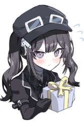  1girl black_coat black_dress black_gloves black_hair black_hat black_ribbon choker closed_mouth coat collared_dress commentary_request dress gift gloves goggles goggles_on_headwear grey_eyes hair_ornament hat highres holding holding_gift kara_saka kurobe_nanoka long_hair mahou_shoujo_no_majo_saiban neck_ribbon plaid_clothes plaid_dress portrait ribbon simple_background solo twintails white_background 
