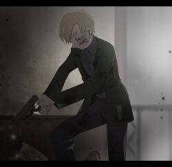  1boy 1other 2025 aiming blonde_hair blood blood_on_clothes blood_on_face blood_on_hand commentary_request green_jacket gun handgun holding holding_gun holding_weapon jacket james_sunderland kuso_500t looking_down monster silent_hill_(series) silent_hill_2 weapon 