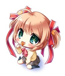  +_+ 1girl :d ahoge aqua_eyes between_legs black_socks blonde_hair blush bow bowtie candy chibi chibi_only commentary eyes_visible_through_hair figure-referenced food full_body grey_skirt hair_between_eyes hair_ornament hair_ribbon hand_between_own_legs hand_up holding holding_candy holding_food holding_lollipop kamikita_komari kneehighs little_busters! little_busters!_school_uniform lollipop long_ribbon looking_at_viewer medium_hair miniskirt no_shoes open_mouth pink_bow pink_bowtie plaid_clothes plaid_skirt pleated_skirt red_ribbon ribbon ryuuka_sane school_uniform shadow sidelocks simple_background sitting skirt sleeves_past_wrists smile socks solo sparkle star_(symbol) star_hair_ornament sweater tareme two_side_up wariza white_background yellow_sweater 