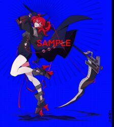  1girl alternate_costume ankle_cuffs armored_boots artist_request black_bodysuit black_coat black_gloves blue_background bodysuit boots cable caliper coat commentary commission cuffs english_commentary exo_dus404 gloves headpiece highres holding holding_scythe long_coat onozuka_komachi platform_heels red_hair sample_watermark scythe second-party_source solo sunburst sunburst_background touhou watermark 