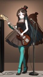  1girl absurdres akiyama_mio amplifier aqua_arm_warmers aqua_pantyhose arm_warmers bass_guitar black_dress black_hat black_shoes brown_eyes brown_hair chinese_commentary chromatic_aberration collarbone commentary_request crossed_legs don't_say_"lazy" dress facial_mark fender_jazz_bass full_body hat high_heels highres holding holding_bass_guitar holding_instrument indoors instrument k-on! long_hair looking_at_viewer microphone microphone_stand mini_hat official_alternate_costume pantyhose parted_lips shadow shoes signature single_arm_warmer single_bare_arm sleeveless sleeveless_dress solo standing very_long_hair watson_cross wispy_bangs xi_cccii 