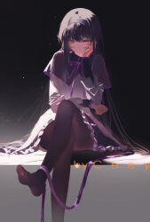  1girl akemi_homura artist_name black_background black_hair black_hairband black_pantyhose black_skirt bow bowtie capelet ceey chinese_commentary closed_mouth collared_capelet commentary_request contrast_collar crossed_arms crossed_legs dot_nose dress expressionless feet foot_out_of_frame frilled_skirt frills hair_spread_out hairband hand_on_own_cheek hand_on_own_elbow hand_on_own_face highres layered_sleeves light_blush light_frown light_particles long_hair long_sleeves looking_at_viewer magical_girl mahou_shoujo_madoka_magica mahou_shoujo_madoka_magica_(anime) miniskirt pantyhose pleated_skirt purple_bow purple_bowtie purple_capelet purple_ribbon ribbon salute shadow short_dress sitting skirt solo straight-arm_salute very_long_hair violet_eyes watermark white_dress 