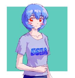  1girl aqua_background ayanami_rei blue_hair blush_stickers breasts expressionless highres neon_genesis_evangelion red_eyes sega shirt short_hair small_breasts solo t-shirt upper_body zawabug 